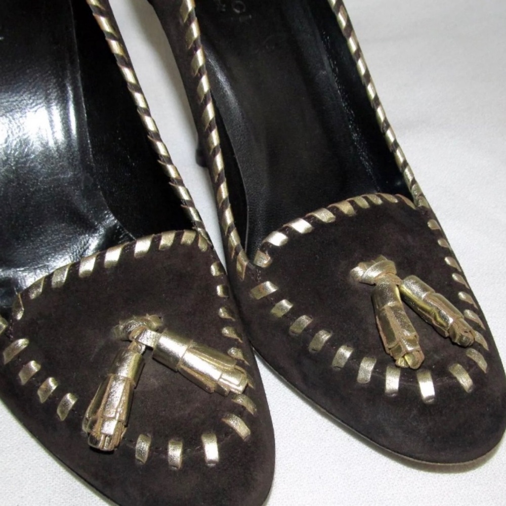 GUCCI Brown Suede Tassel Loafer Gold Stitch Heel Pumps Shoes Womens Size 6B 6 B - Picture 13 of 15